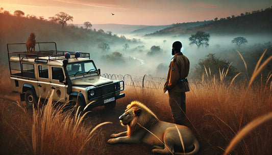 A cinematic sunrise scene in Kruger National Park. A Black park conservationist stands beside a patrol truck, holding a cigarette, watching the dense African bush where an injured lion lies trapped in razor wire. 