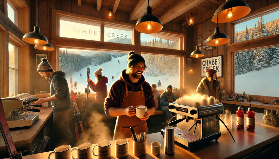 A cozy early morning inside Chalet Creek ski lodge, featuring a friendly Australian barista serving coffee.